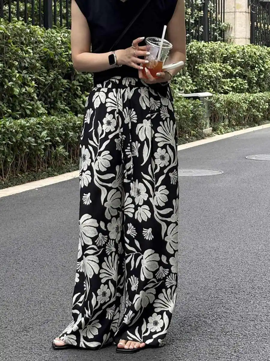 Wide-leg Pants for Women Summer Thin Printed New Style Drawstring Elastic Loose Straight Casual