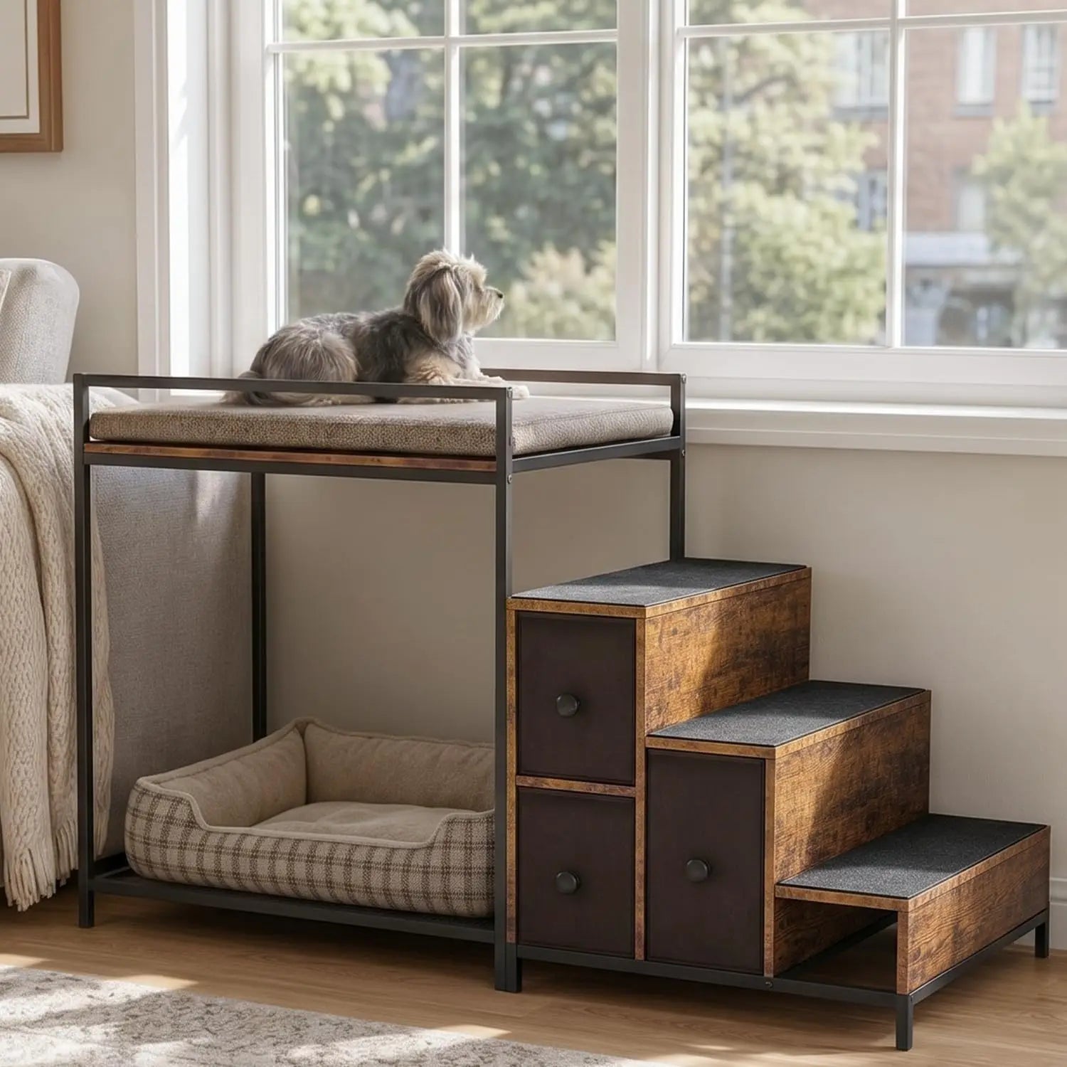 Pet Bunk Bed with Stairs and Storage, Dogs/Cats Window Perch, Bedside Lounge Elevated Dog Bed Multi-Level Platform with