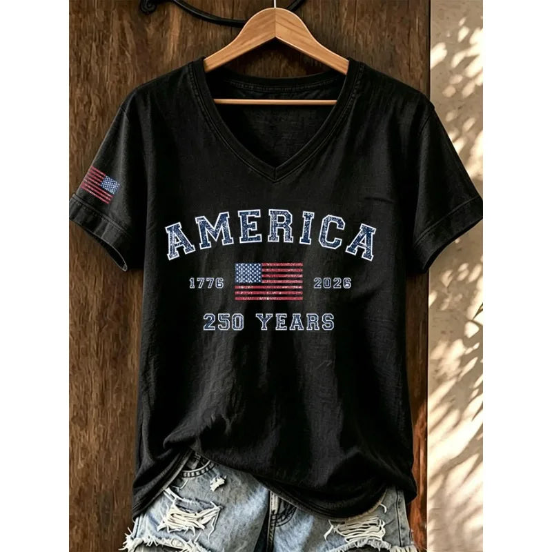 Women's America 250 Years Print T-Shirts Summer Short Sleeve Casual T Shirt Tops White Tees Hot Sale Men's and Women's T Shirt