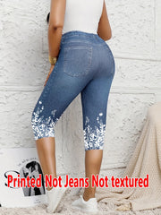 5898 [Printed Leggings - Not Denim Fabric]Ladies' Seven-Point Leggings with a Faux Denim Print, Form-Fitting Pants