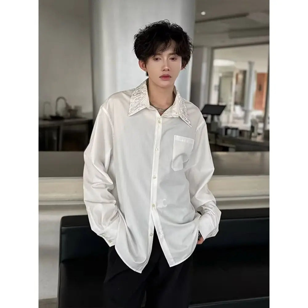 Men's Satin Shirt with Embellished Collar