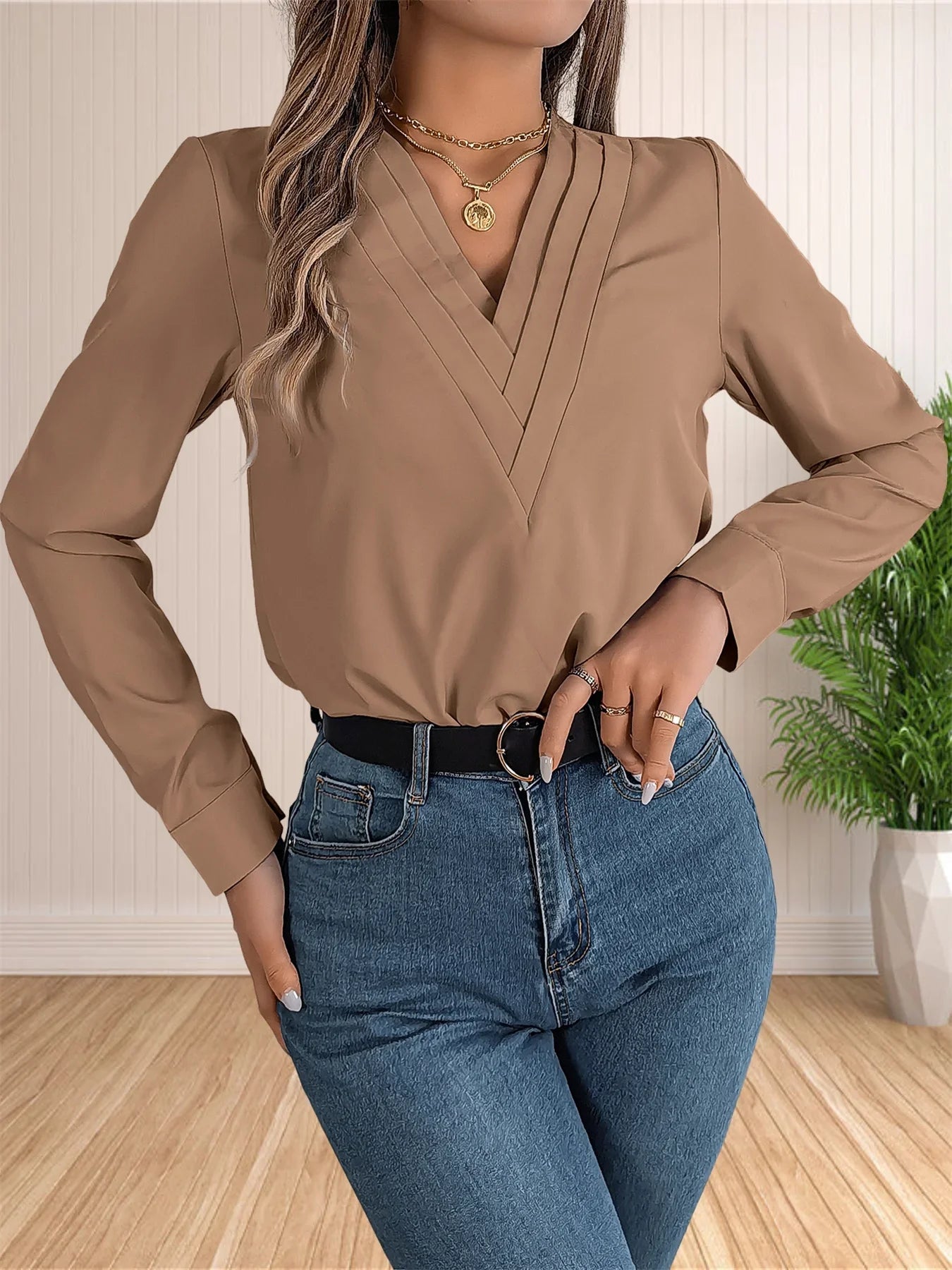 Elegant Layered V-Neck Office Blouse