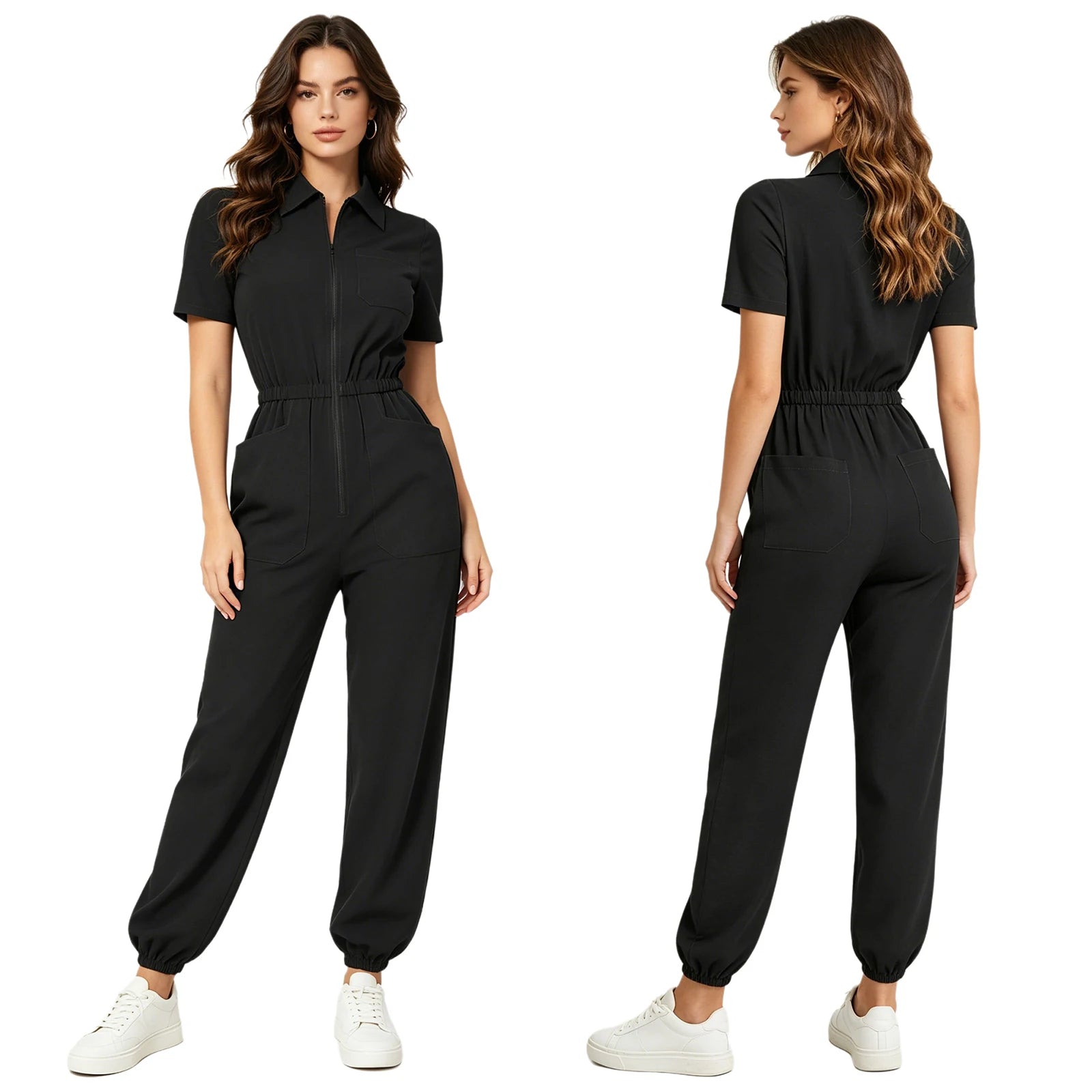 Womens Short Sleeve Scrubs Jumpsuit Front Zipper Elastic Waist Jogger Pants Rompers Nurse Doctor Workwear for Caring Nursing