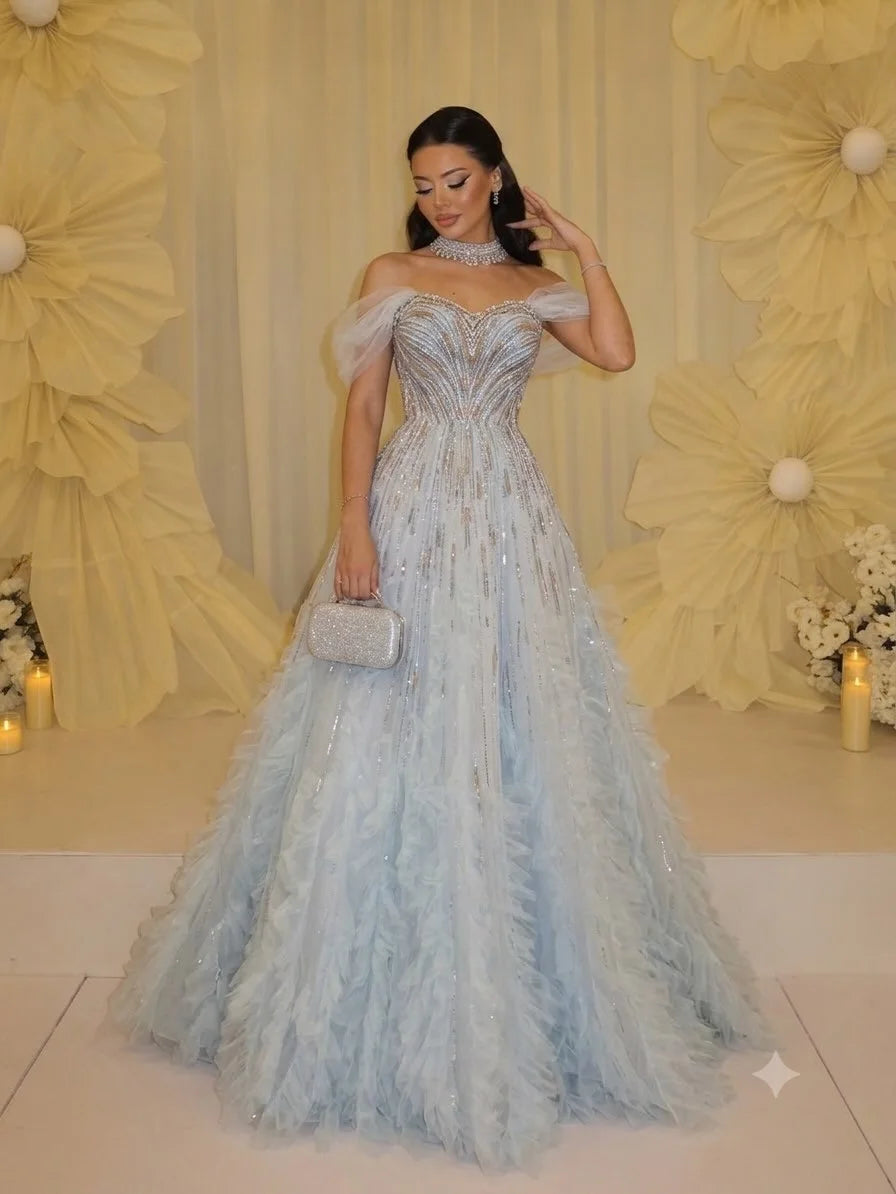 Elegant Women's Formal Evening Dresses 2026 Blue Off Shoulder Rhinestone Beaded Corset Bodice Tiered Tulle Party Dresses