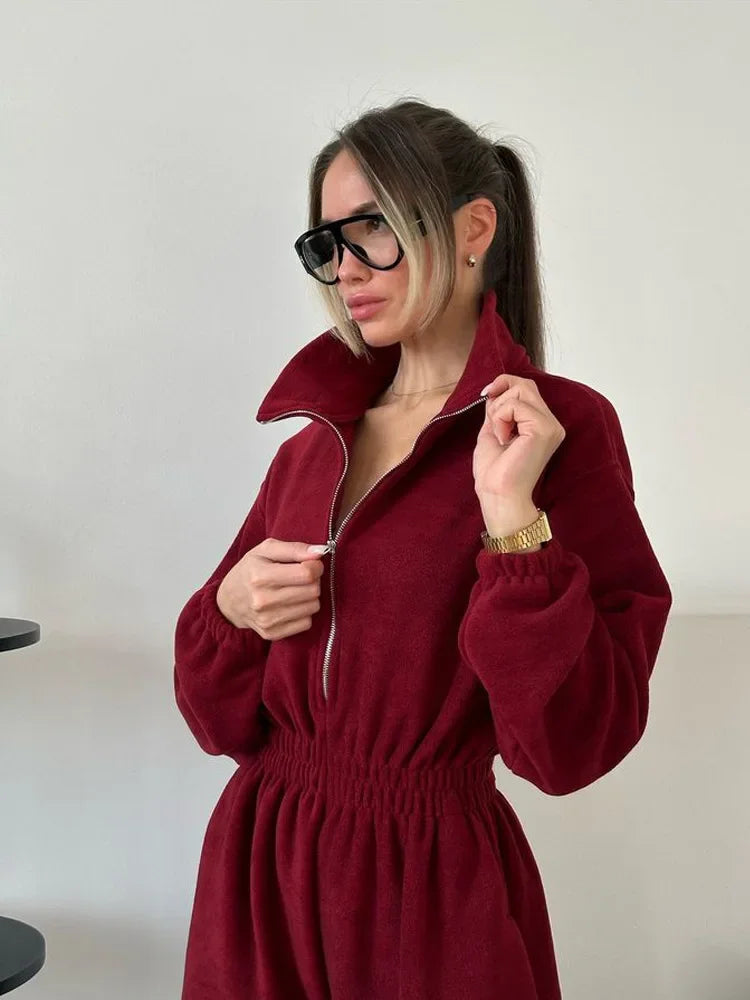 Jumpsuit Women 2026 New Fashionable Long Sleeved Jumpsuit for Women's Casual Half Open Collar Elastic Waist Jumpsuit