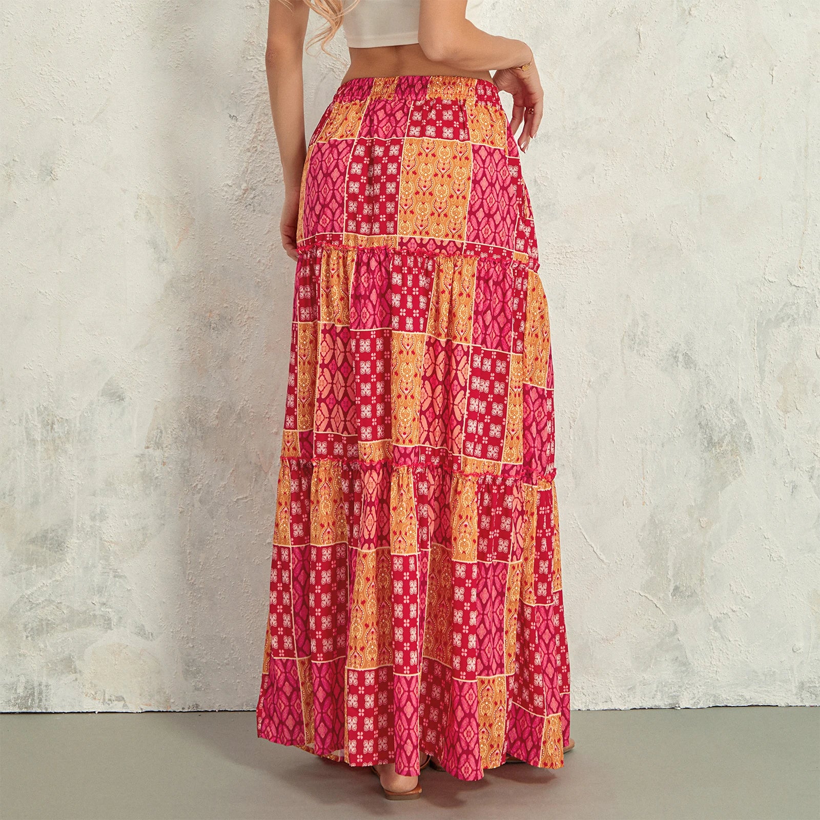 Women's Bohemian Skirts Vintage Elastic High Waist A-Line Skirts Tiered Long Skirts with Pockets