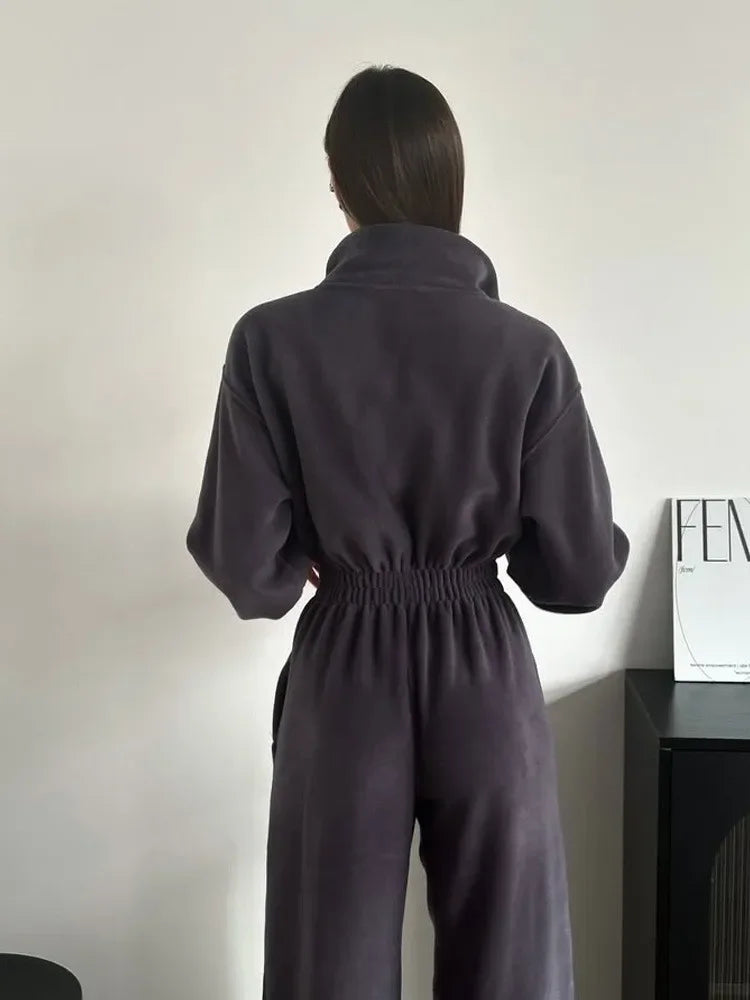 Jumpsuit Women 2026 New Fashionable Long Sleeved Jumpsuit for Women's Casual Half Open Collar Elastic Waist Jumpsuit