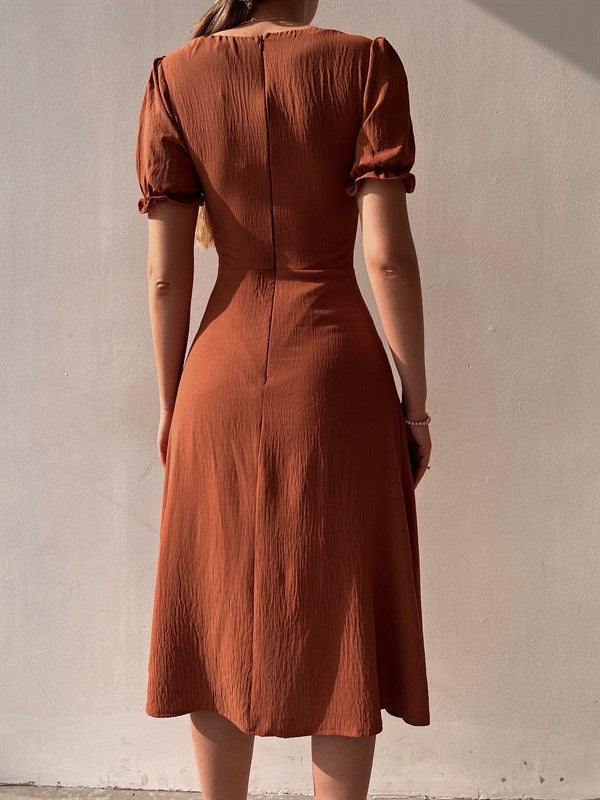 Elegant Dresses Women Summer Sexy Dress 2024 New V-Neck Single Breasted Short Puff Sleeves Solid High Waist Hem Split Midi Dress