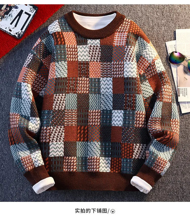 New Fashion Men Plaid Pullover Winter Sweaters Outwear Loose Casual Knitted Sweaters Male O-neck Pullovers Sweatercoats Size 4XL