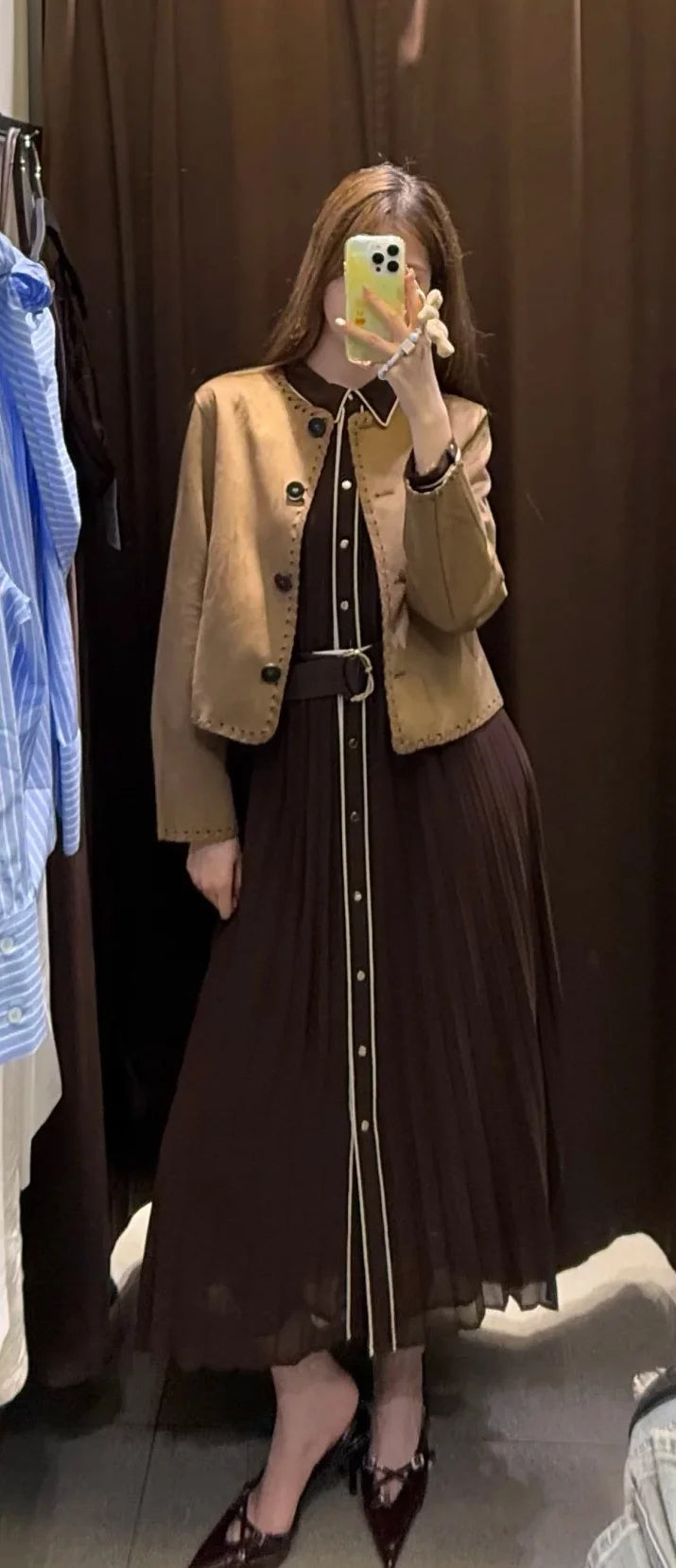 Elegant Pleated Belted Midi Dress