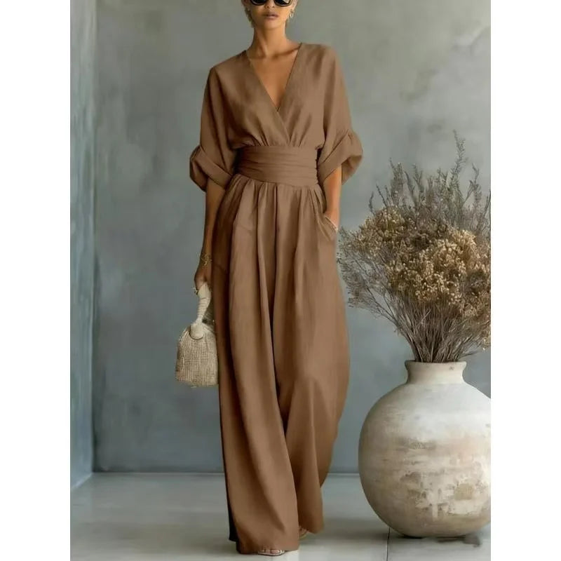 Women's Jumpsuit Fashion High Waist V-neck Casual Jumpsuits Sexy Solid Color Office Wide Leg Trousers Overalls Vacation Outfit