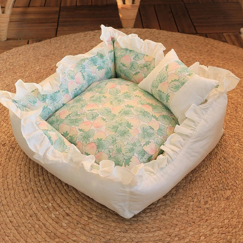 Pet Dog Lace Bed Cat Bed Cute Puppy Square Sleeping Cushion Bed Cat Sofa Warming Dog Nest with Pillow Washable Pet Bed S~L
