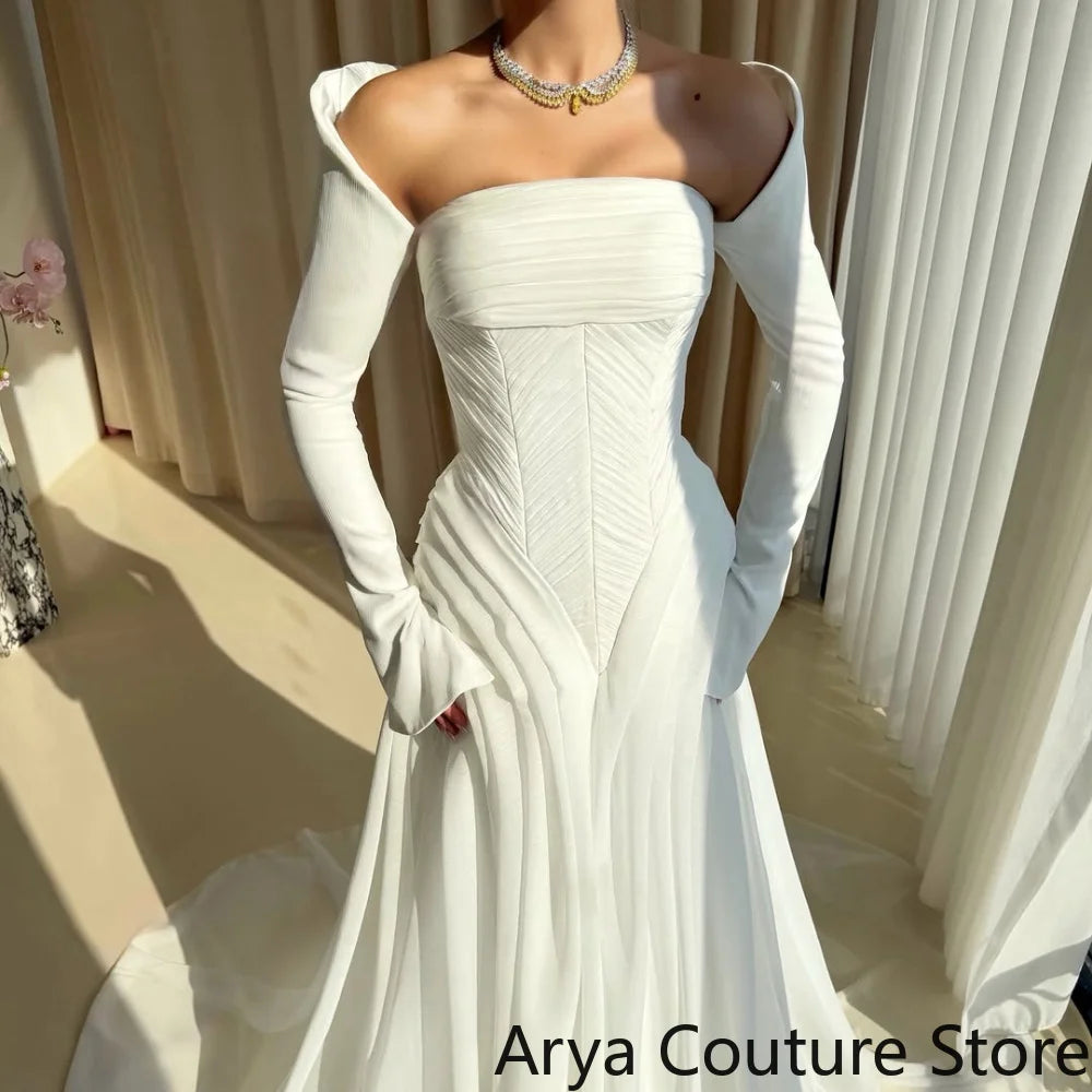 A‑Line Wedding Dress Satin Boned Corset Bodice With Vertical Pleat Details Matching Long Satin Gloves Voluminous Flowy