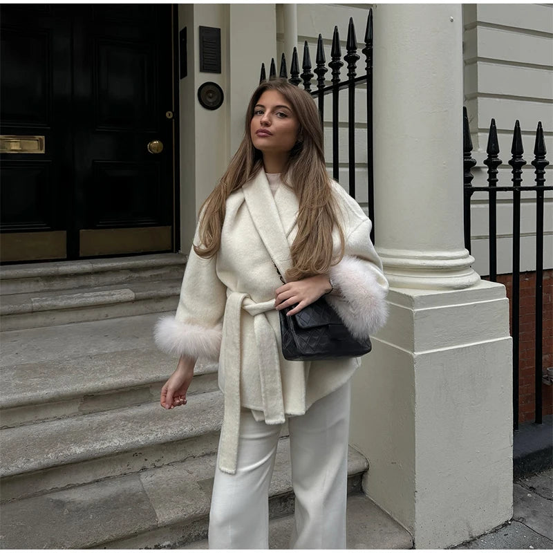 Elegant Women's Lace Up Woolen Coats Solid Full Sleeve Turn-down Collar Loose Lady Coats 2025 Autumn Winter Female Streetwear