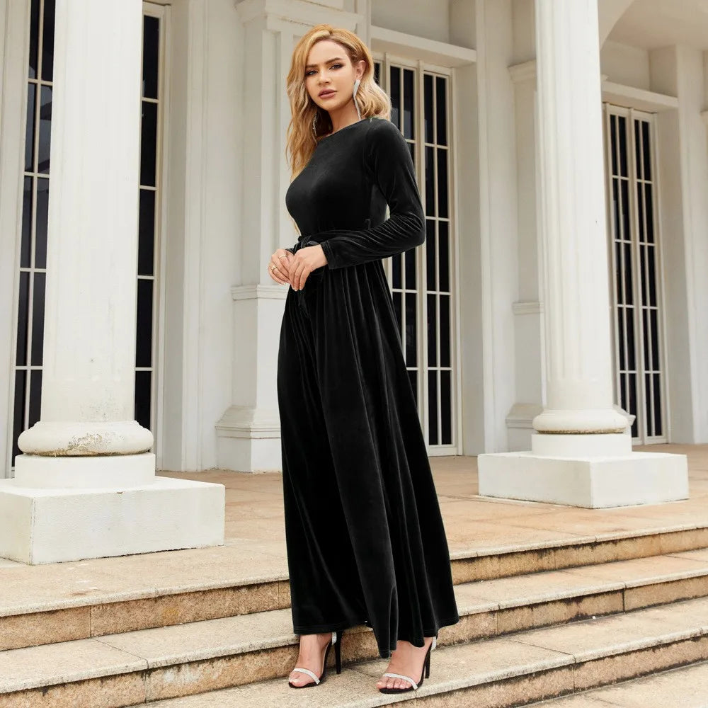 Women's Elegant A-Line Velvet Dress for Wedding Guest Prom Party Wedding Party, Long Sleeve Round Neck Belted Full Skirt