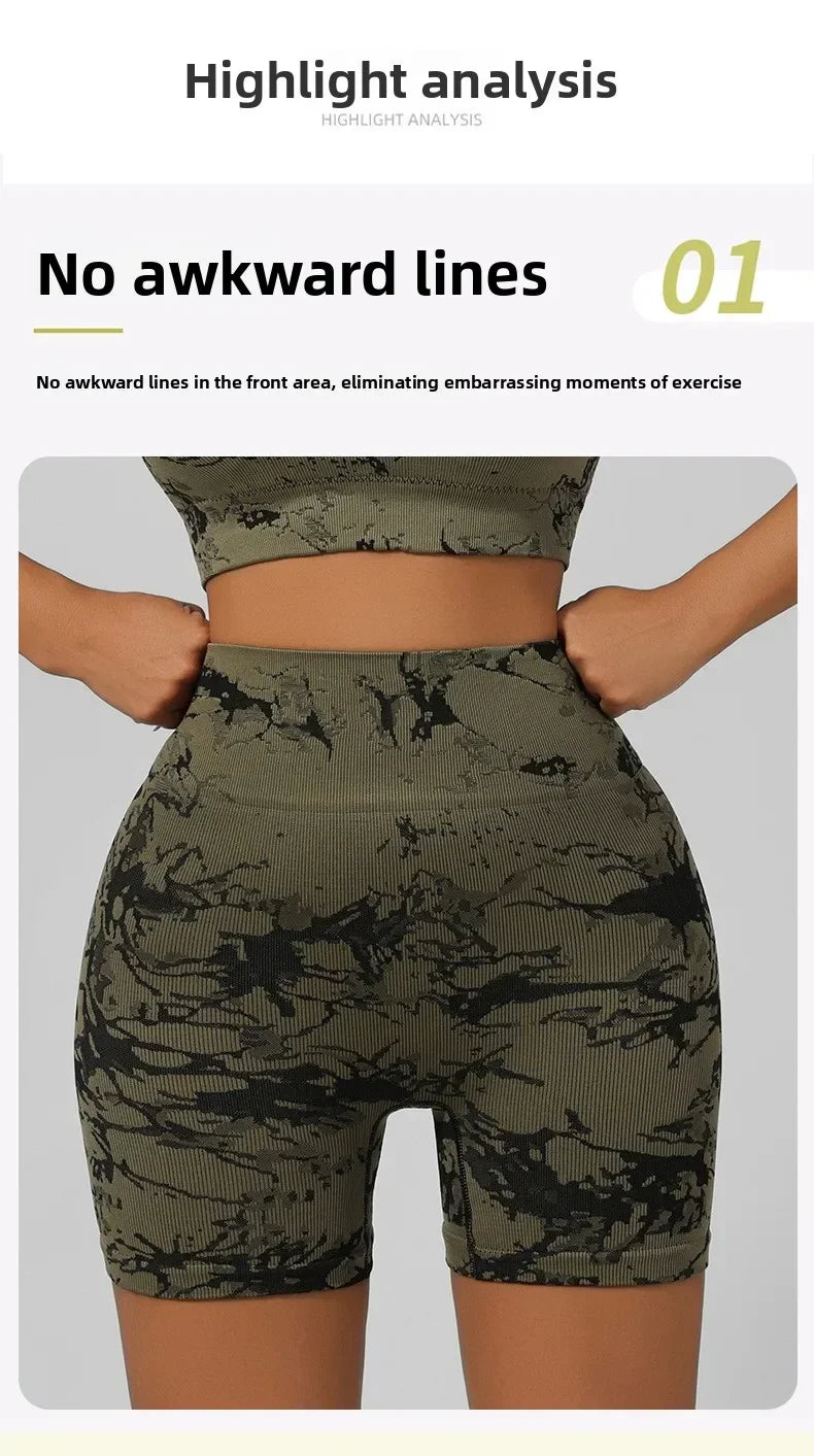 Women Seamless Tie Dye Yoga Set Quick Dry Sports Bra Shorts Lightweight Breathable Workout Outfit