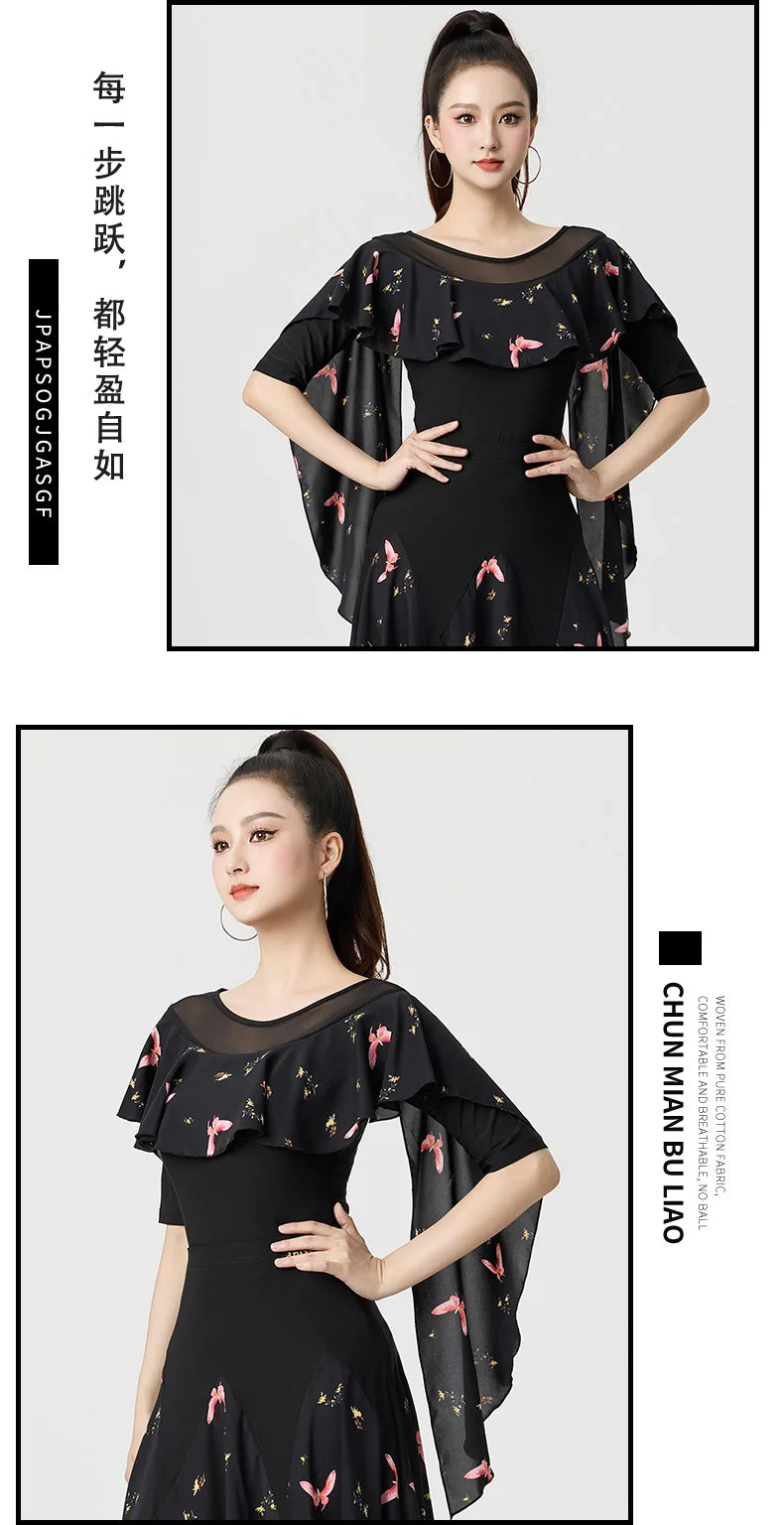 Dancewear Women Tops Summer Fashion Print Latin Line Dance Costume New Products Ballroom Dance Women Top Training Clothes Black