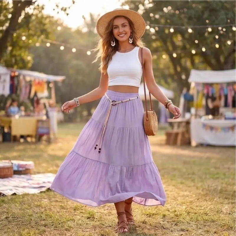 Skirts for Women Linen Maxi Skirt Pleated Long Flowy Elastic Skirt Tiered Beach A-Line Skirts 6XDA
