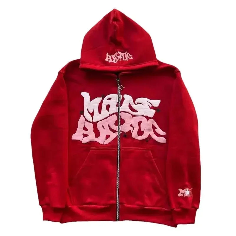 Hooded zipper hoodie with retro American-style letters, unisex, suitable for pairing with a millennial-style jacket