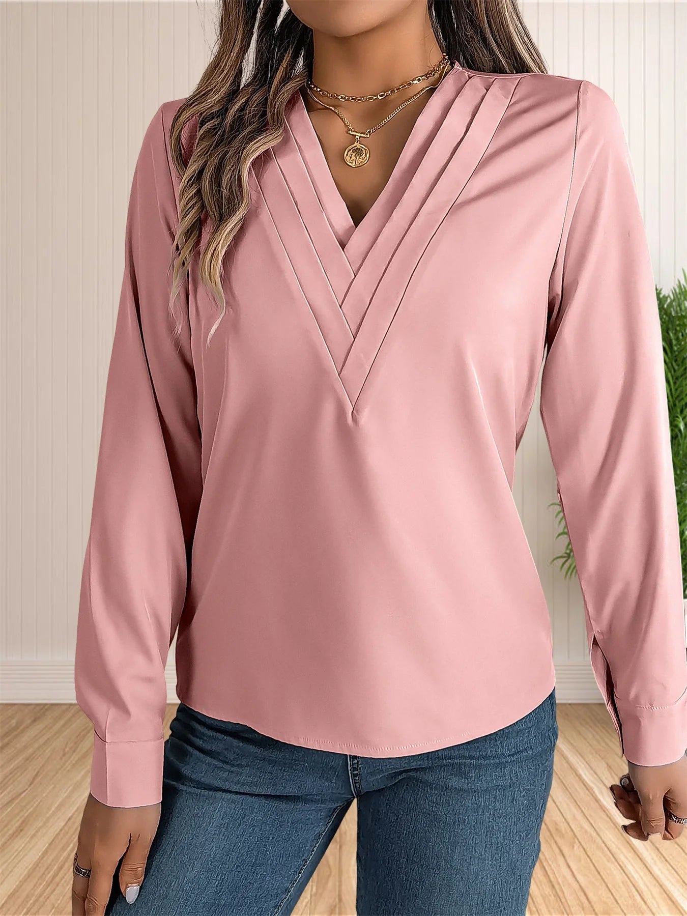 Elegant Layered V-Neck Office Blouse