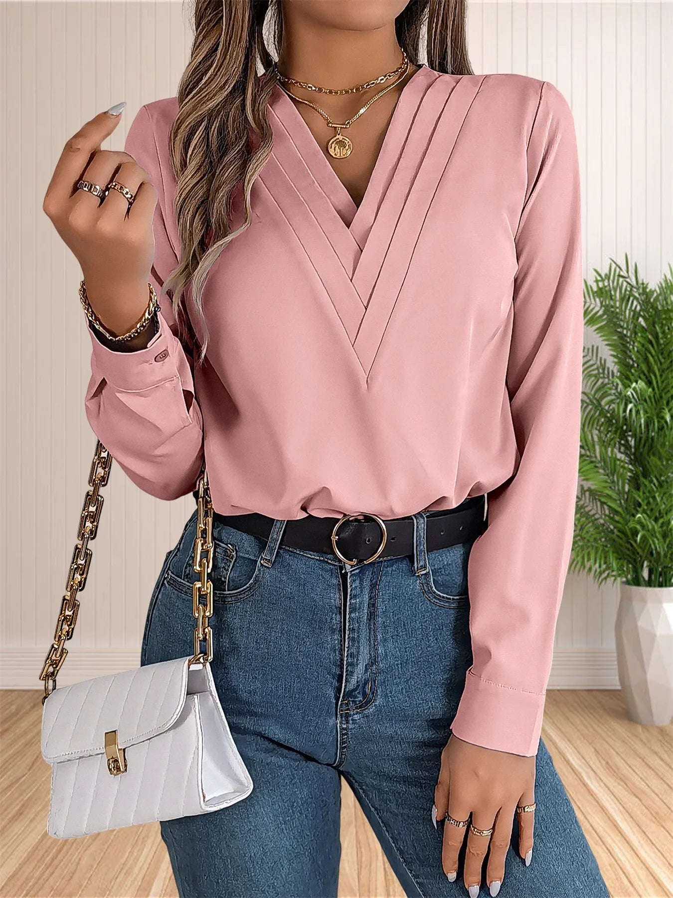 Elegant Layered V-Neck Office Blouse