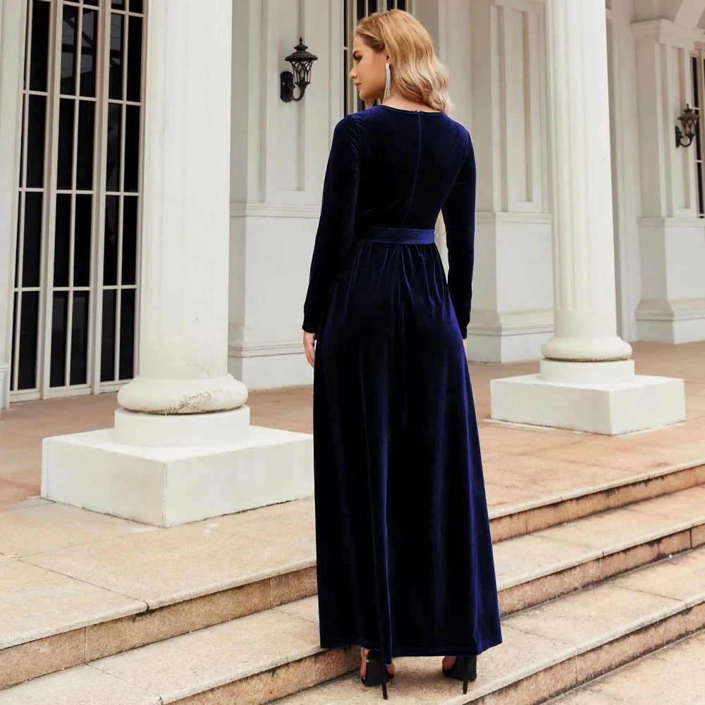 Women's Elegant A-Line Velvet Dress for Wedding Guest Prom Party Wedding Party, Long Sleeve Round Neck Belted Full Skirt