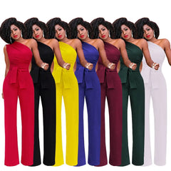 Elegant Skew Collar Belted Jumpsuit