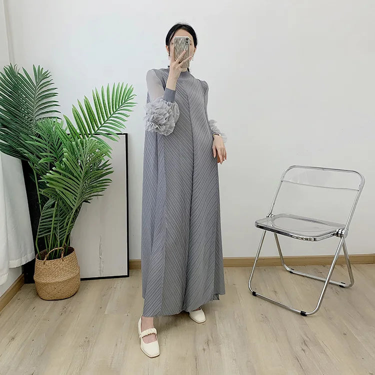 Women Elegant Evening Party Dresses 2025 Summer New Solid Colour Classic Long Sleeve Plate Flower Design Prom Dresses Female
