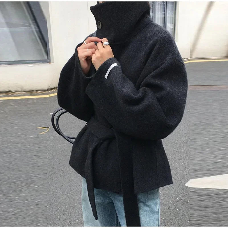 2025 Autumn Woolen Coats Women Casual Double Breasted Stand Collar Female Office Short Jackets Chic Lady Loose Street Outwear