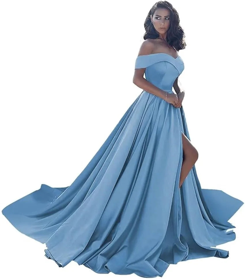 Simple Off Shoulder Satin Evening Gown