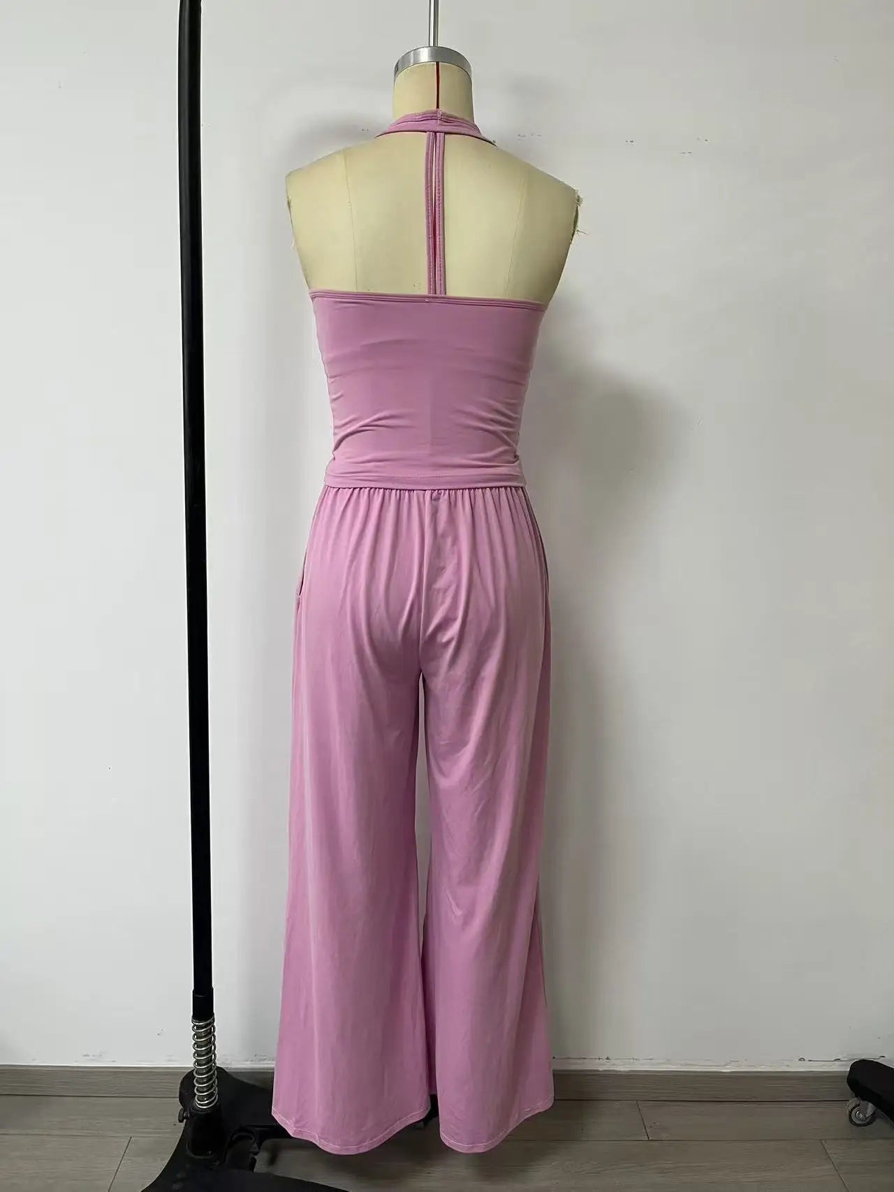 Women 2 Piece Yoga Outfit Ribbed Halter Crop Tank Top Drawstring Wide Leg Pants Set Casual Workout Gym Loungewear Tracksuit