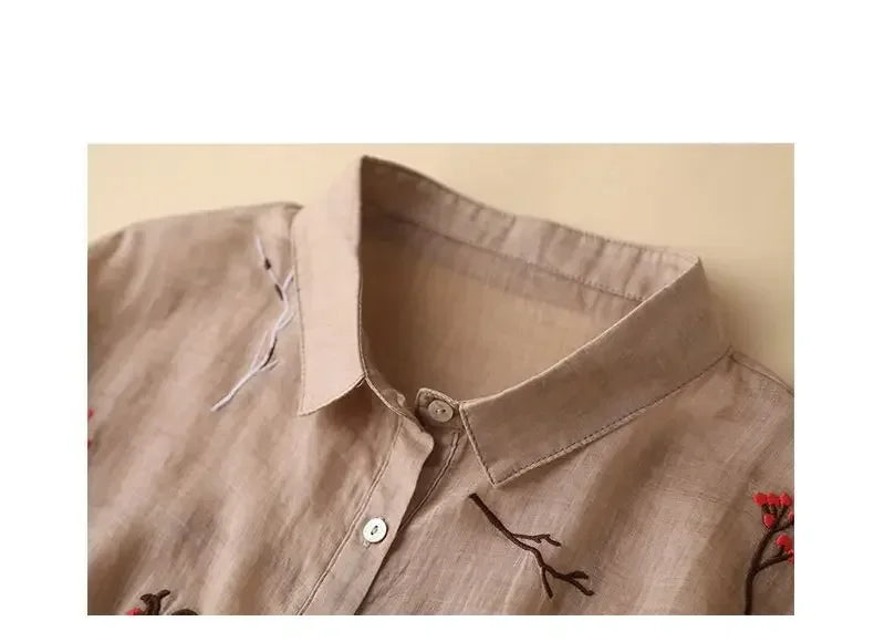 Embroidered Cotton Linen Casual Shirt
