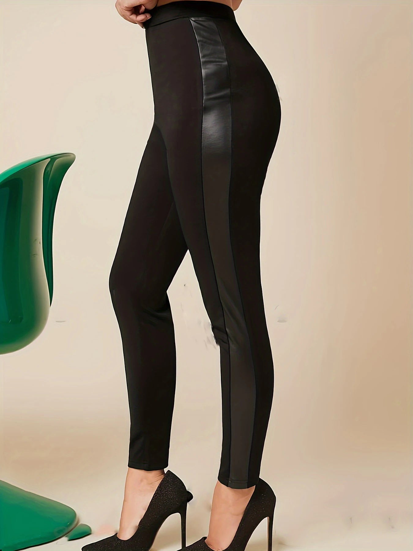 Solid color tight leggings PU leather splicing casual high waist stretch leggings women's clothing suitable for spring autu