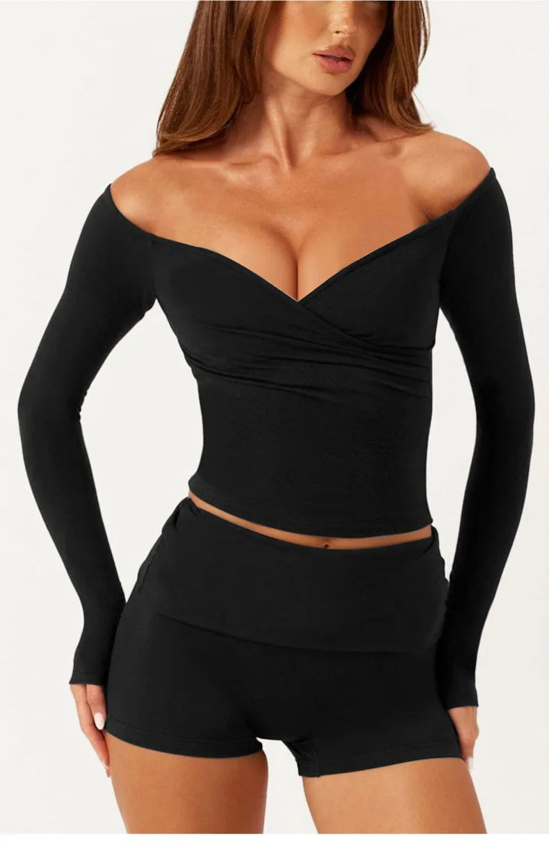 C-B Women's Yoga Set: Long-sleeved V-neck T-shirt & High-waisted Cuffed Shorts & Leggings, Suitable for Gym Workouts.