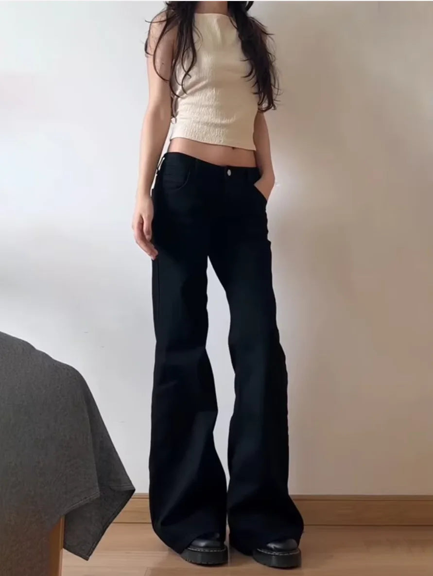 Women Low Waist Flared Jeans Retro Style Blue Black Micro Flare Pants Loose Straight Wide Leg Jeans Female Spring Fashion