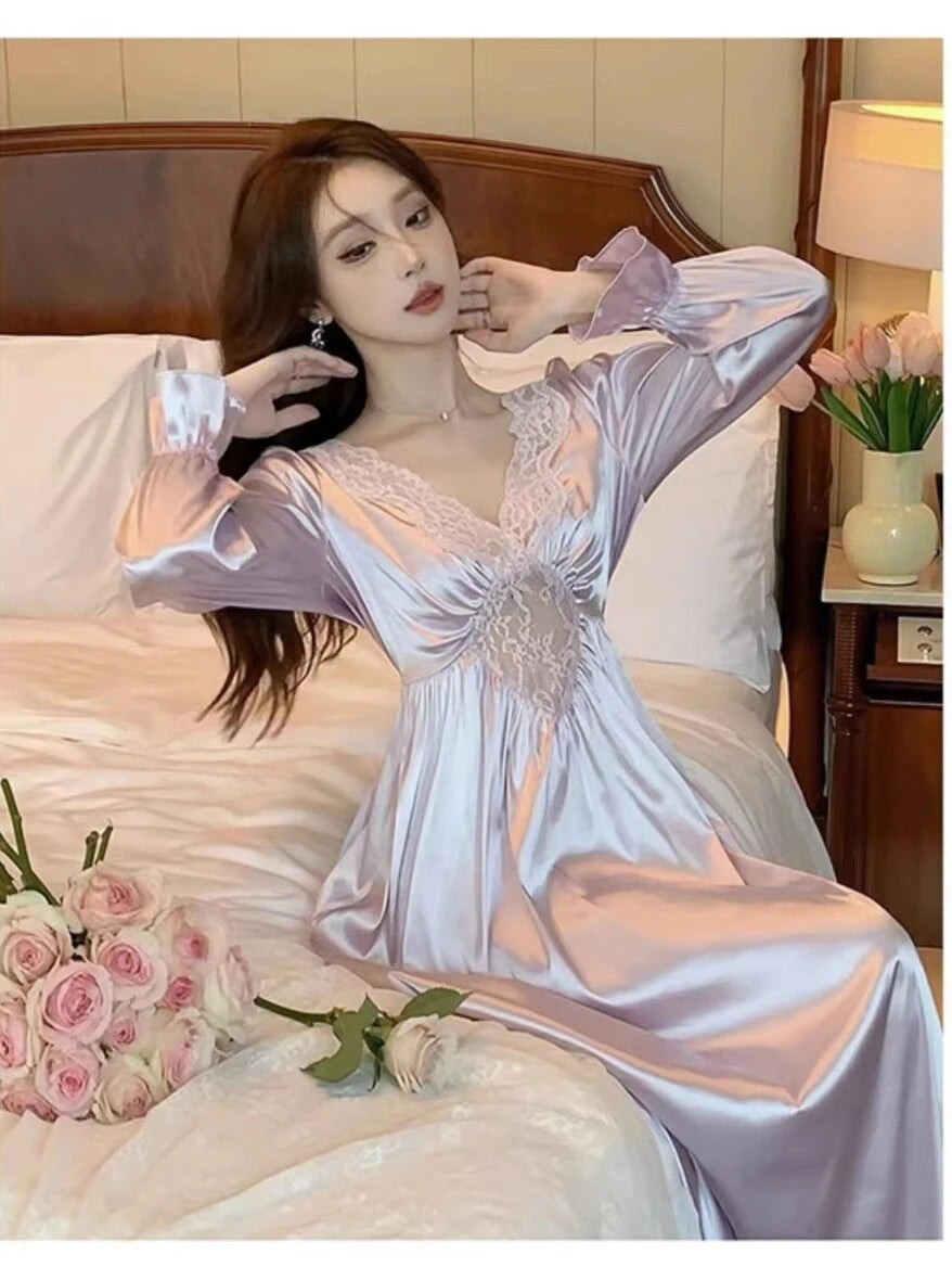 Female Long Nightdress Retro French Court Style Princess Nightgown Sleepwear Spring Summer Loose Rayon Home Clothes Lounge Wear