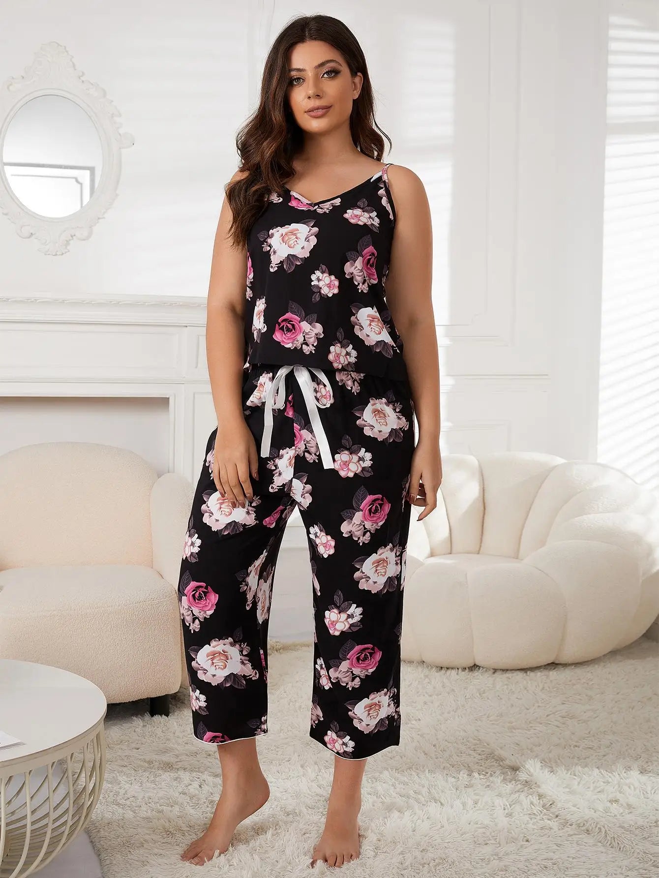 Floral V Neck Capri Pajama Set