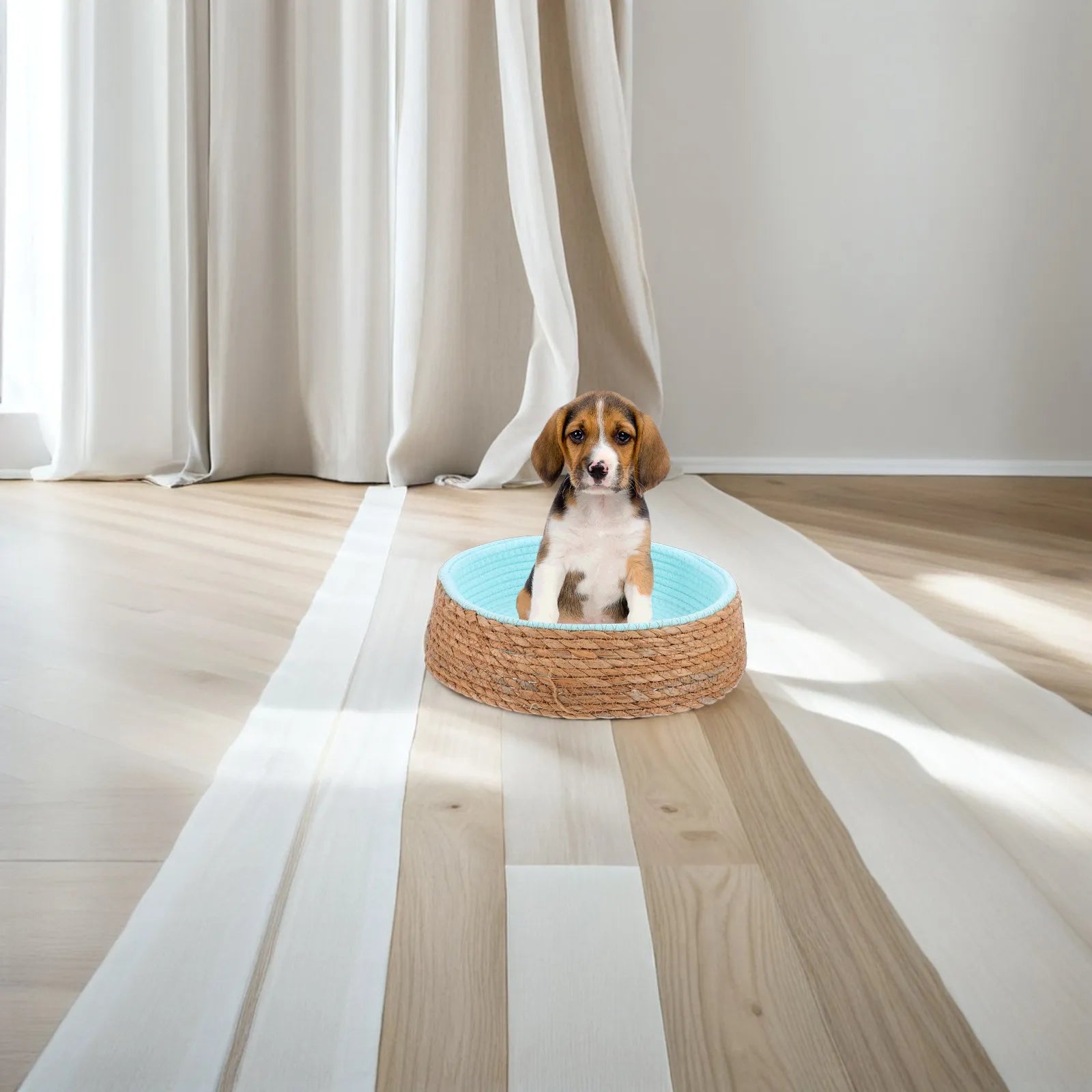 Pet Wicker Round Bed Natural Handwoven Breathable Cozy Sleeping Cushion for Small Dogs Cats Puppies Pets