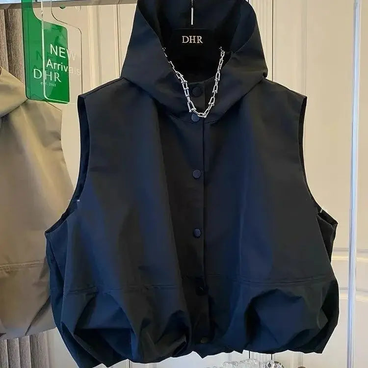 Women Hooded Vests Coats Single Breasted Loose Casual Tops Spring Autumn Korean Simple All-match Breathable Waistcoat