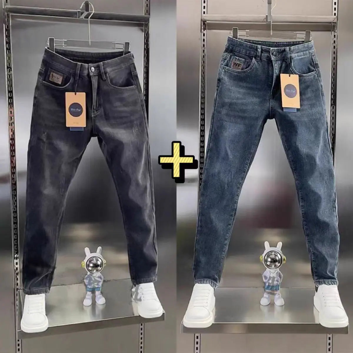 Thick Jeans Men's Slim Fit Spring Autumn Winter Casual Long Pants Cotton Stretch Denim mid Waist Zipper Closure Wear Resistant
