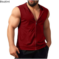 Summer New Men's Workout Hooded Tank Tops Zip-up Sleeveless Gym Bodybuilding Tees Muscle Tops Male Streetwear Casual Sweatshirts