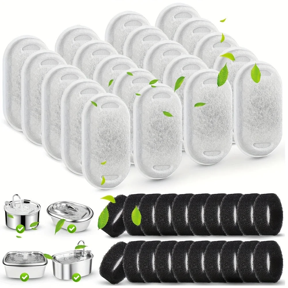 20PCS Cat Water Fountain Activated Carbon Dog Water Bowl Dispenser Replacement Filters with 20 Sponges for Home Pet Hydration