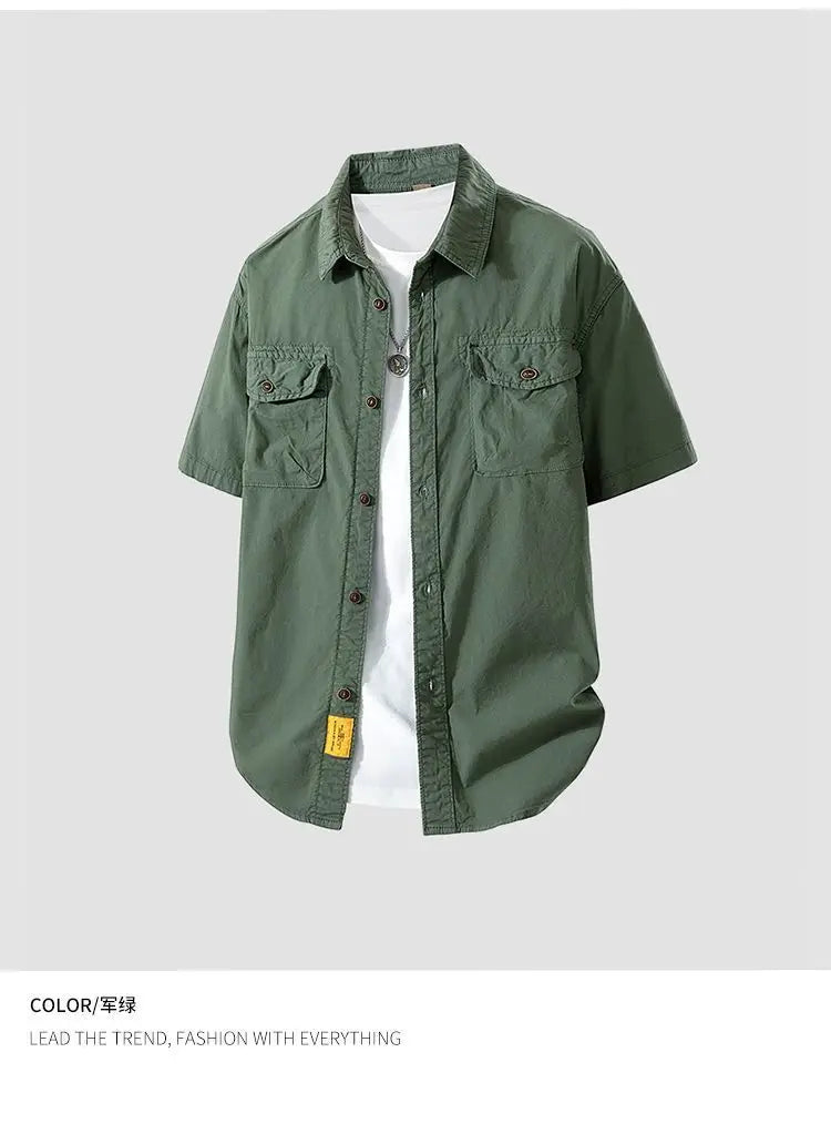 Workwear shirt for men summer loose and casual short-sleeved men American retro lapel coat trendy brand outdoor wear