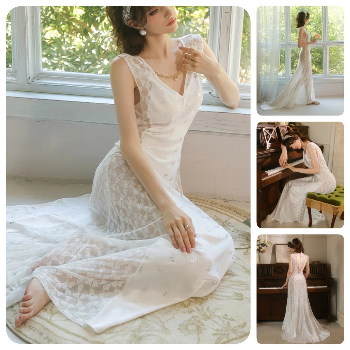 Women's Nightgown Luxury V Neck Sleeveless Night Dress Fashion Slim White Princess Long Dress Summer Ladies Sleepwear Vestido