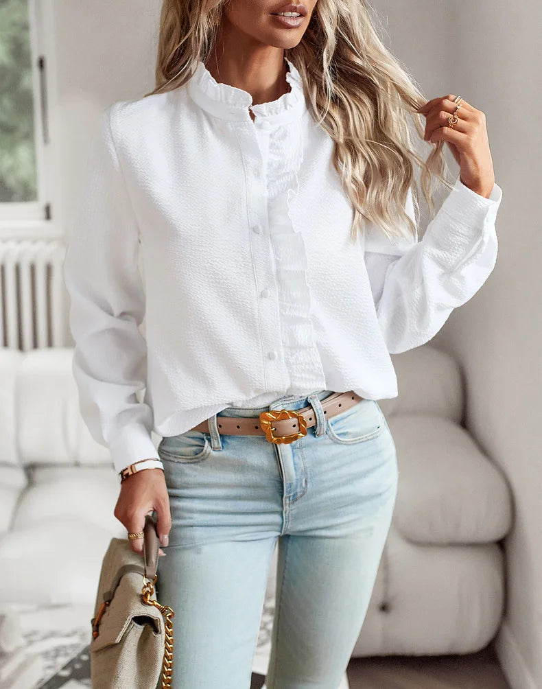 Women's Shirt Elegant Long Sleeve Ruched Stand Neck Office Lady Blouse Casual Button Shirts Harajuku Tunics Street Simple Tops