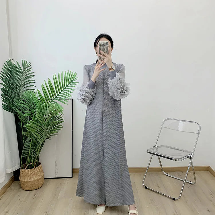 Women Elegant Evening Party Dresses 2025 Summer New Solid Colour Classic Long Sleeve Plate Flower Design Prom Dresses Female