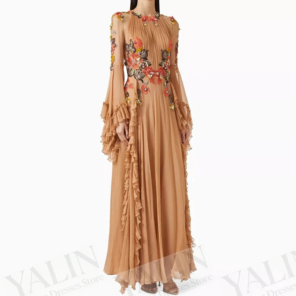 Women's A-line Evening Dresses Floor-length O-neck Full Sleeve Prom Dress Fashion Flowers Ruched Simple Draped Gowns Customized
