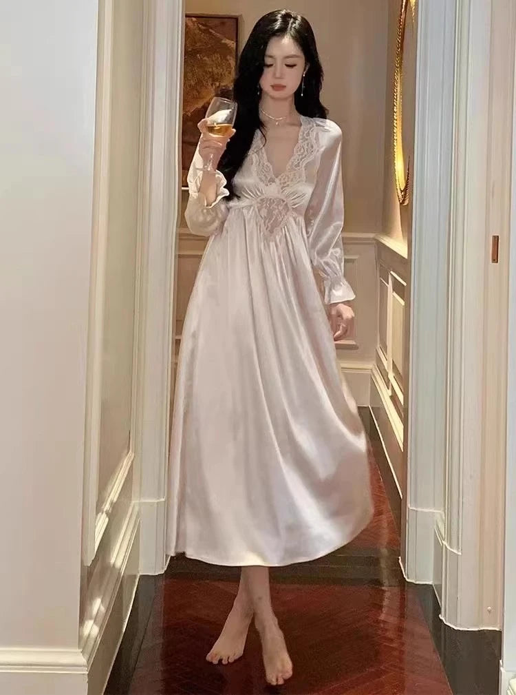 Female Long Nightdress Retro French Court Style Princess Nightgown Sleepwear Spring Summer Loose Rayon Home Clothes Lounge Wear