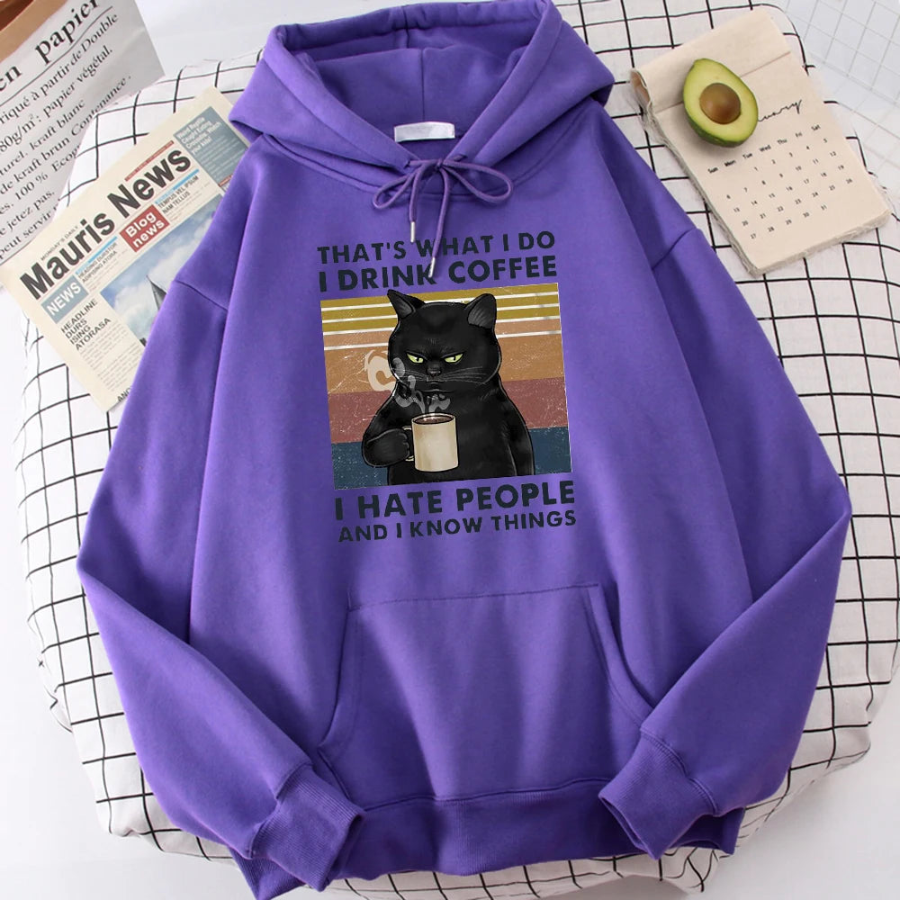 Men's fashion hoodie, high-quality cat drinking coffee print hoodie, fashionable casual hoodie, Harajuku hoodie