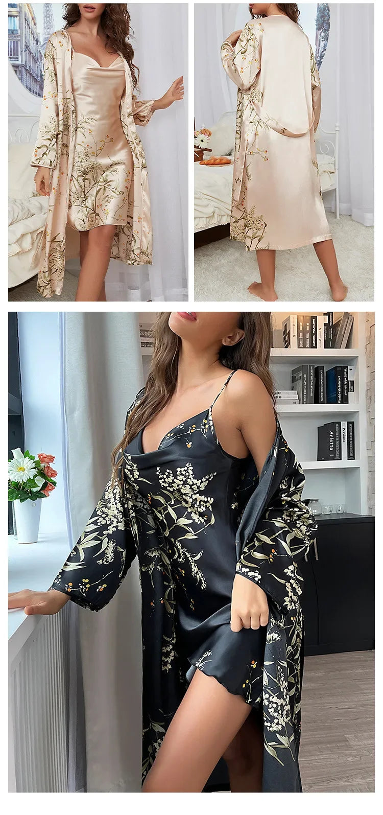 2-pcs Women's Nightgown Women's Pajamas Satin Dress Sexy Slip Dress Women's Silk Robe Satin Woman Nightie Home Suit for Women